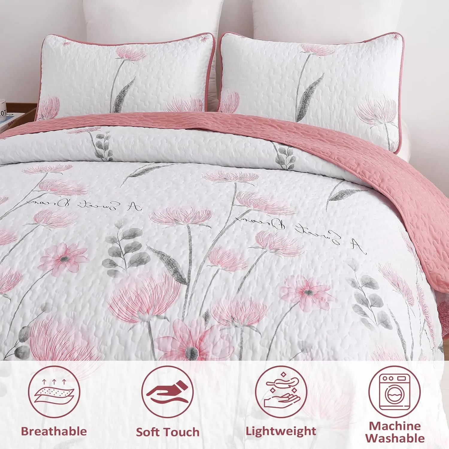 Dinjoy Floral Quilt Set Queen,Pink Bedspread Full/Queen Size 3 Pieces Lightweight Farmhouse Bedding Set Cute Quilts Soft Flower Bedspreads White Coverlet Sets for Girls Women Spring