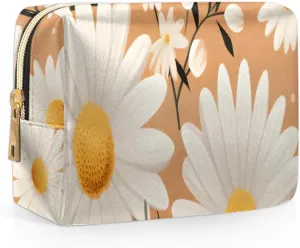 Exquisite Drawing Flower Prints Travel Makeup Bag for Women, PU Leather Waterproof Checkered Cosmetic Bags Large Make up Bag Zipper Pouch