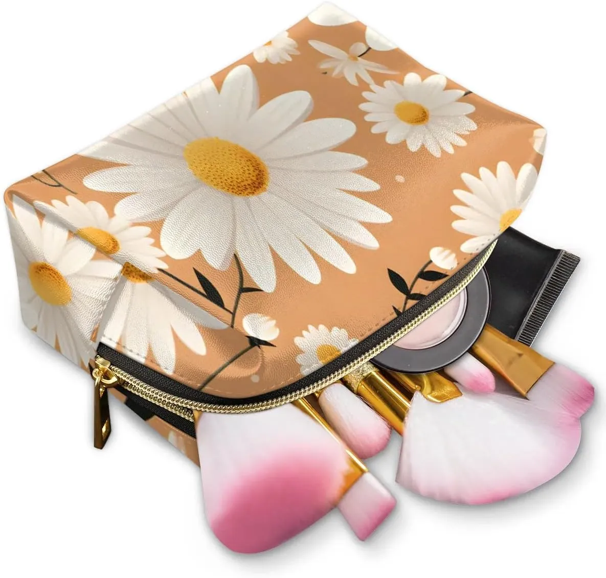 Exquisite Drawing Flower Prints Travel Makeup Bag for Women, PU Leather Waterproof Checkered Cosmetic Bags Large Make up Bag Zipper Pouch