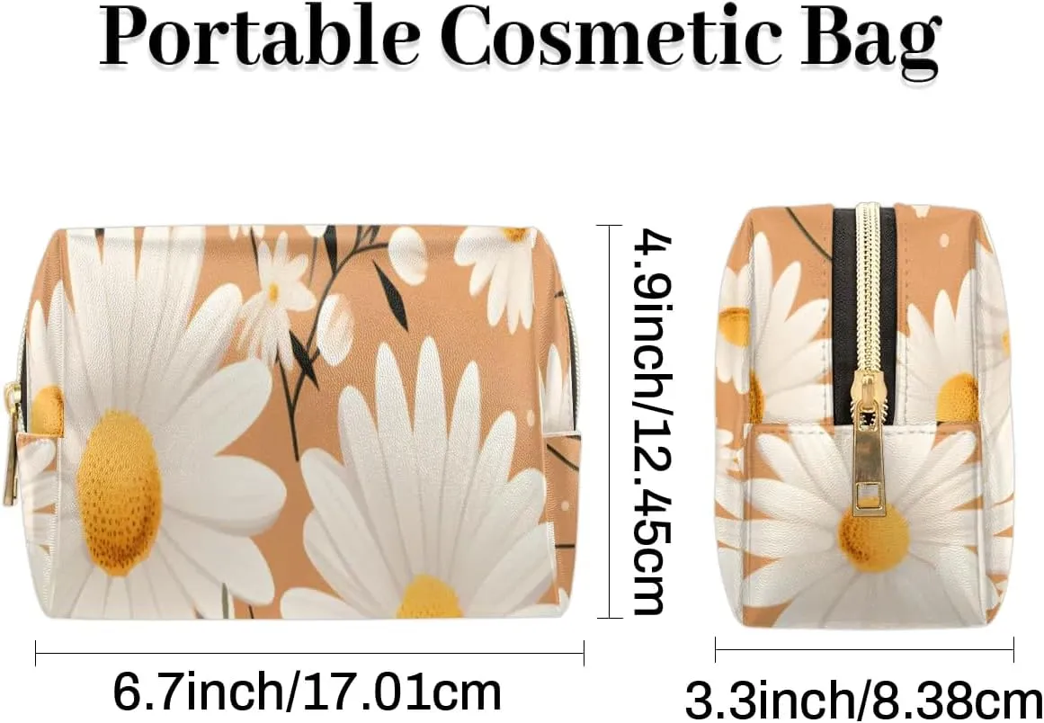 Exquisite Drawing Flower Prints Travel Makeup Bag for Women, PU Leather Waterproof Checkered Cosmetic Bags Large Make up Bag Zipper Pouch