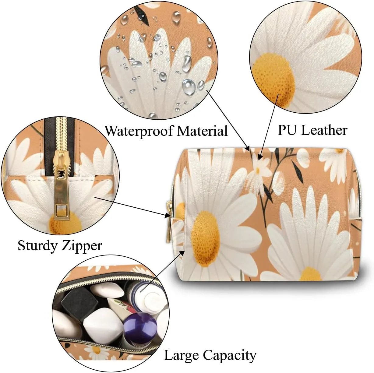 Exquisite Drawing Flower Prints Travel Makeup Bag for Women, PU Leather Waterproof Checkered Cosmetic Bags Large Make up Bag Zipper Pouch
