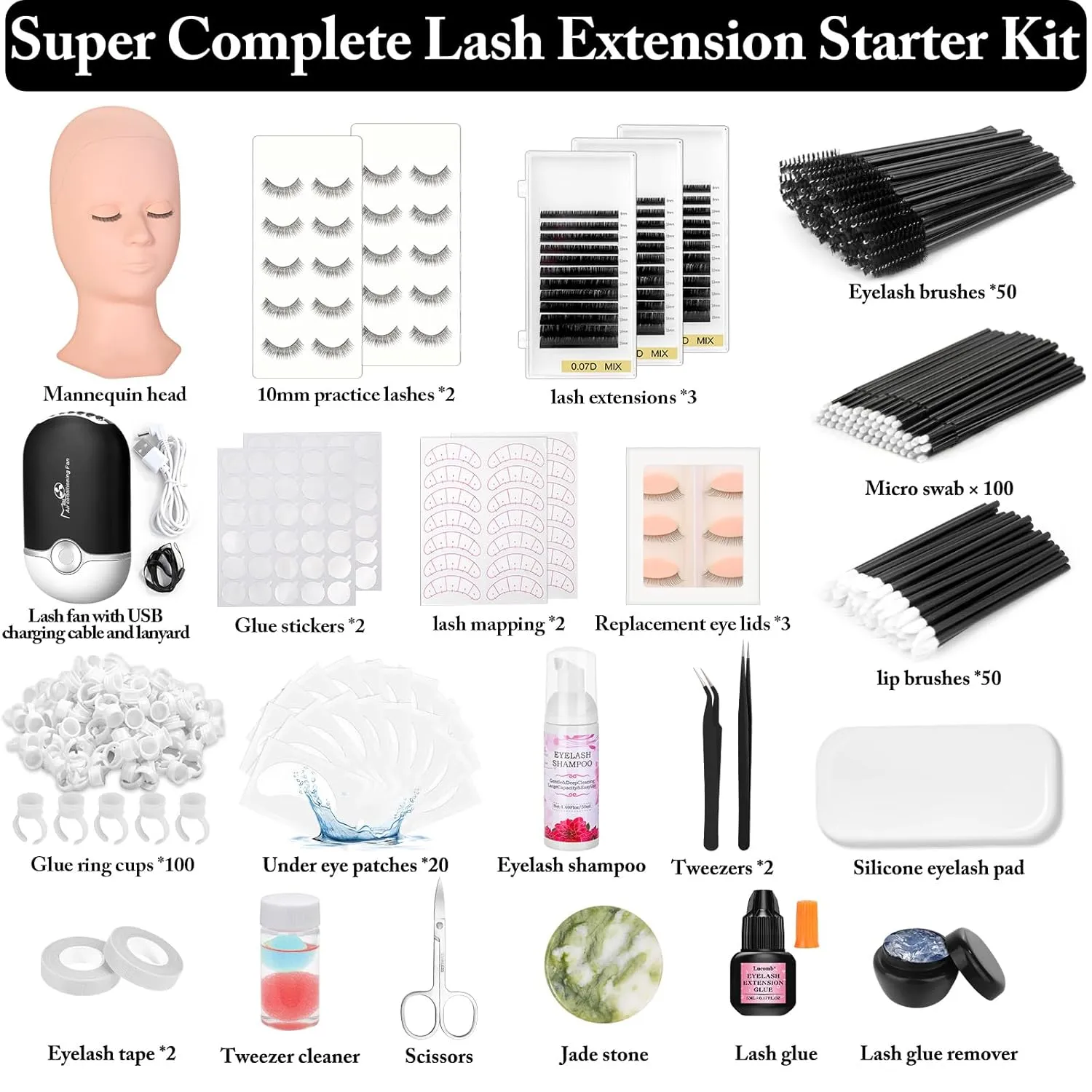 Eyelash Extension Kit for Beginners, 345 PCS Practice Supplies: Mannequin Head With Removable Eyelids, Extension Glue, Remover, Individual Lashes, Tool Kit With Everything