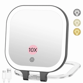 FASCINATE 10X Magnification Rechargeable Travel Makeup Mirror, Lighted Portable Vanity Mirror with 3 Colors Lighting & Stepless Dimming, Double Sided LED Mirror, Gift for Women (Black)