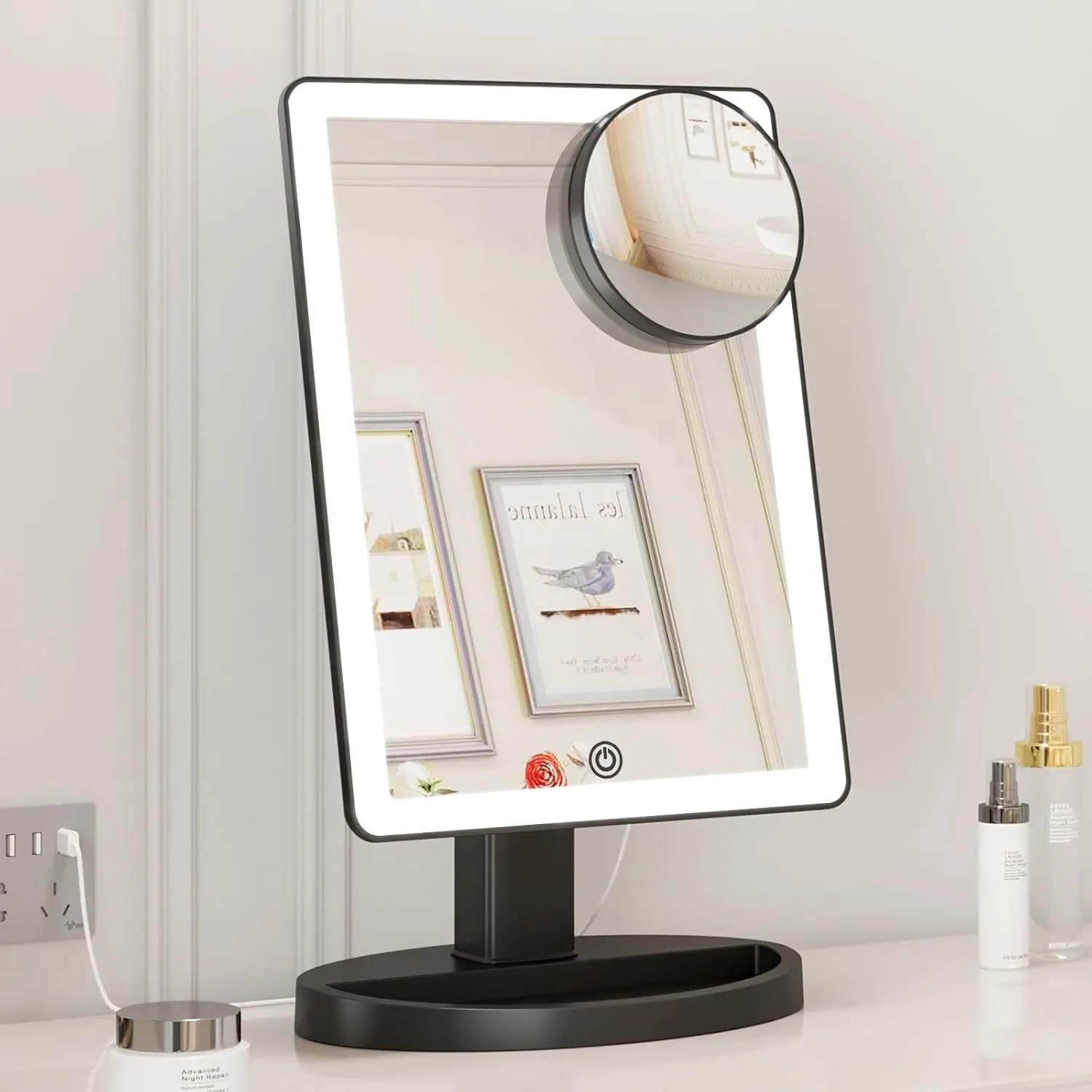 FUNTOUCH Large Lighted Makeup Mirror with Lights, 3 Color Lighting Modes Light Up Mirror with 88 LED, 10X Magnification and 360° Rotation Touch Screen Tabletop Cosmetic Vanity Make Up Mirror (Black)