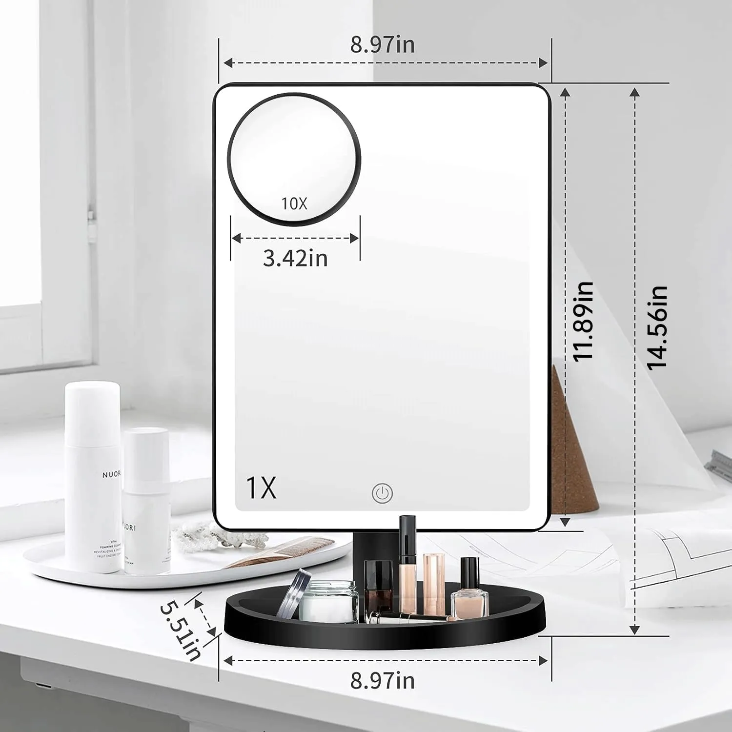FUNTOUCH Large Lighted Makeup Mirror with Lights, 3 Color Lighting Modes Light Up Mirror with 88 LED, 10X Magnification and 360° Rotation Touch Screen Tabletop Cosmetic Vanity Make Up Mirror (Black)