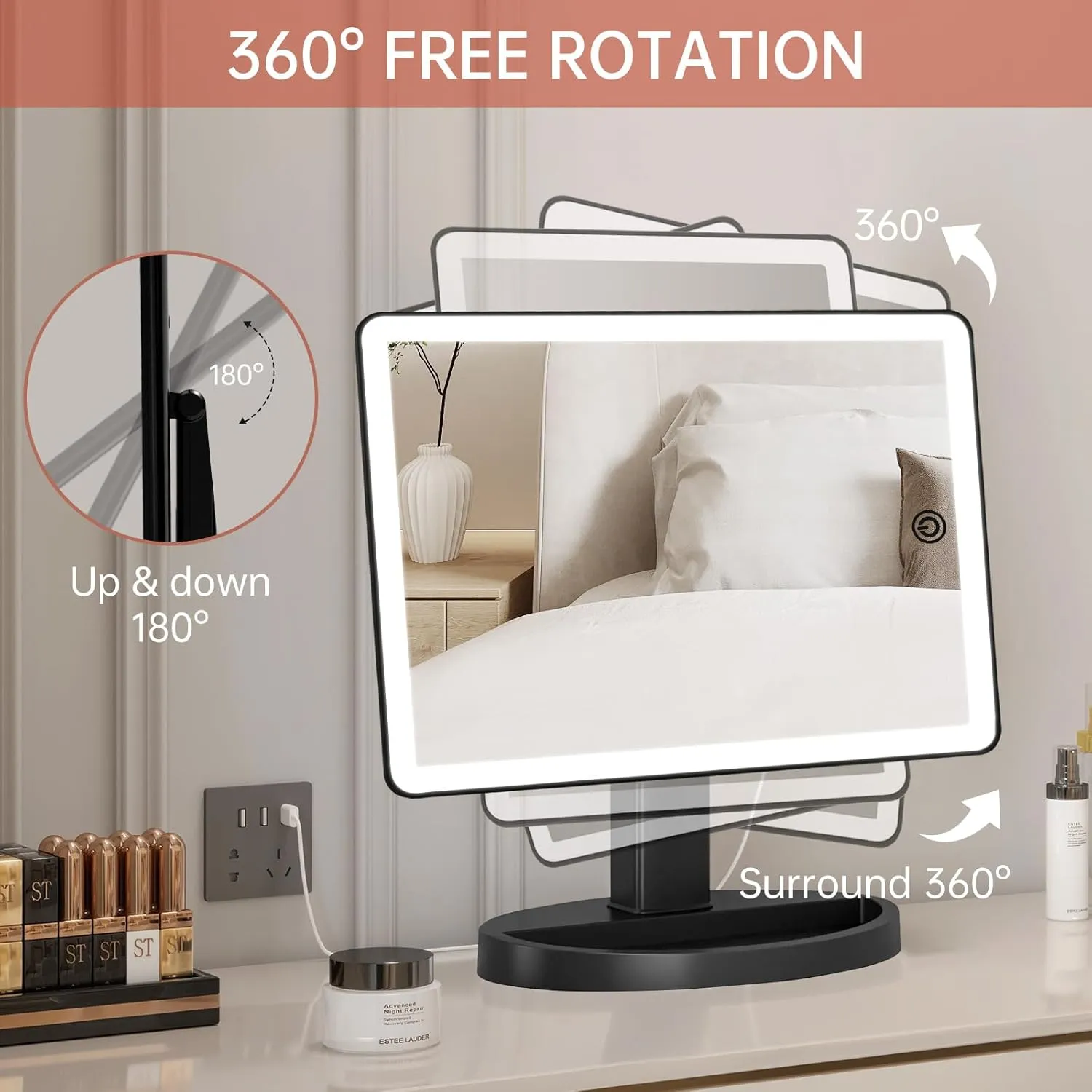 FUNTOUCH Large Lighted Makeup Mirror with Lights, 3 Color Lighting Modes Light Up Mirror with 88 LED, 10X Magnification and 360° Rotation Touch Screen Tabletop Cosmetic Vanity Make Up Mirror (Black)