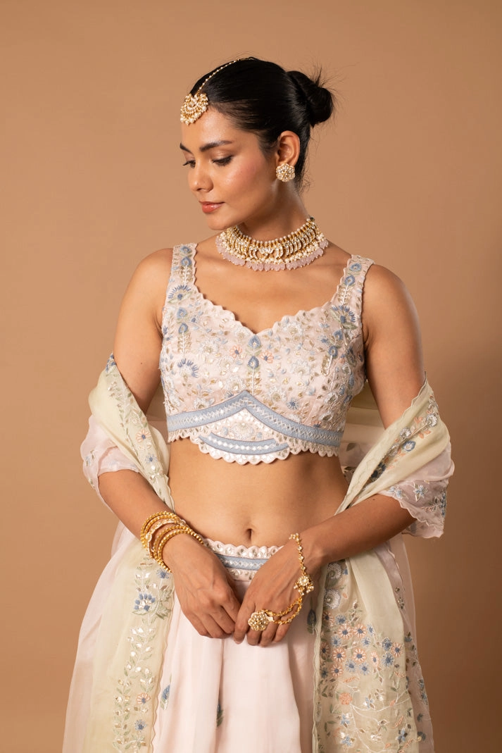 Gilded Gala Muted Pink Satin Organza Lehenga with Gota & Thread Embroidery