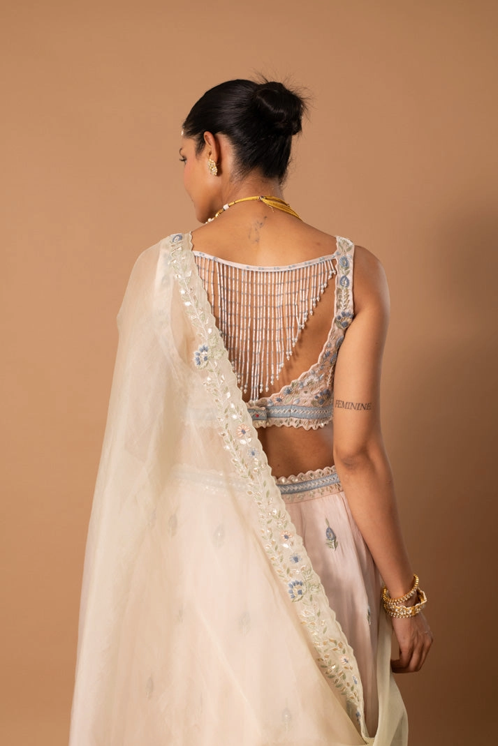Gilded Gala Muted Pink Satin Organza Lehenga with Gota & Thread Embroidery