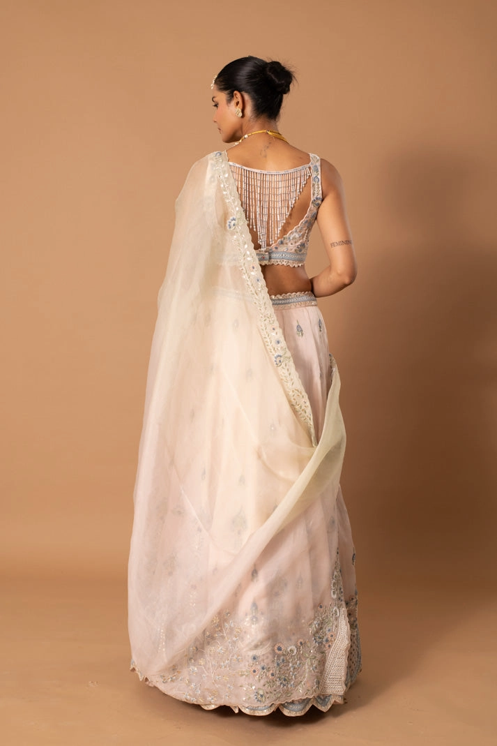 Gilded Gala Muted Pink Satin Organza Lehenga with Gota & Thread Embroidery