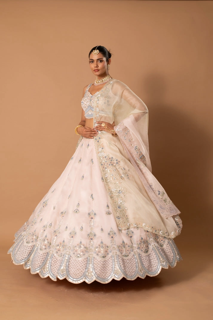 Gilded Gala Muted Pink Satin Organza Lehenga with Gota & Thread Embroidery