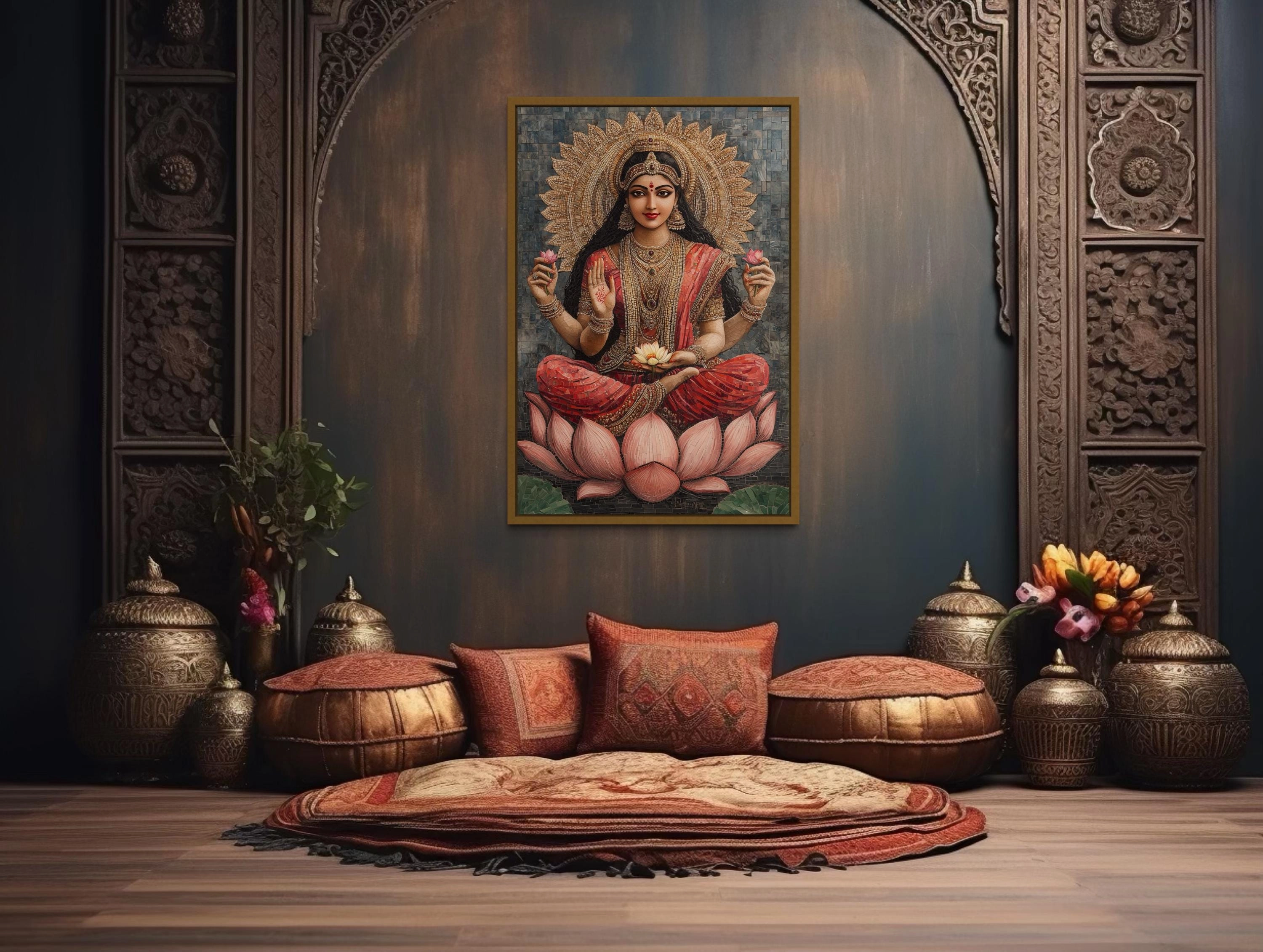 Goddess Lakshmi And Lotus Flower Mosaic Style Indian Wall Art