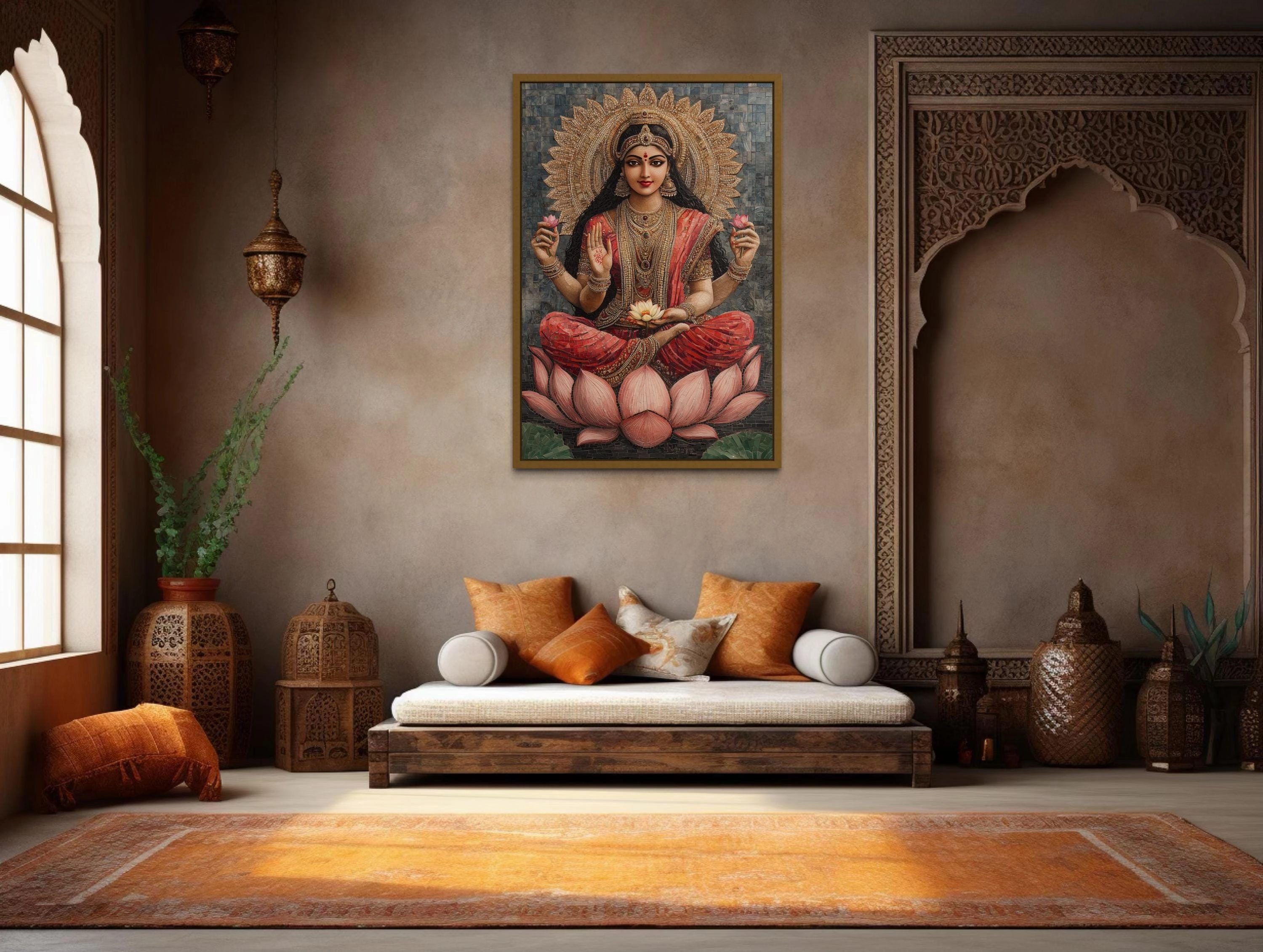Goddess Lakshmi And Lotus Flower Mosaic Style Indian Wall Art
