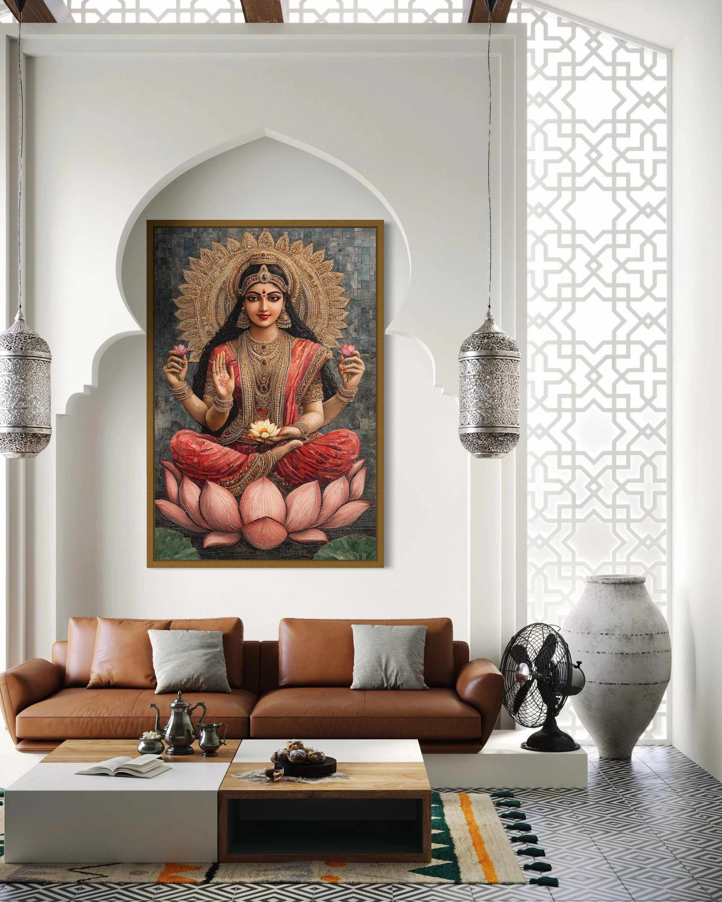 Goddess Lakshmi And Lotus Flower Mosaic Style Indian Wall Art