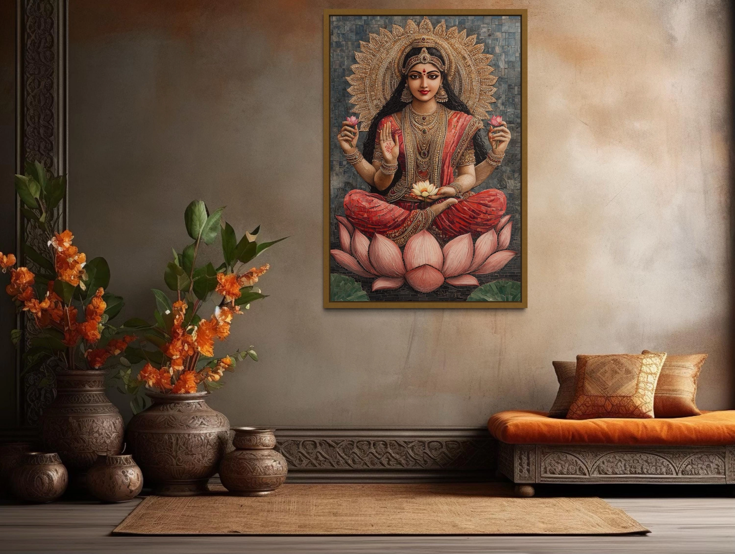 Goddess Lakshmi And Lotus Flower Mosaic Style Indian Wall Art