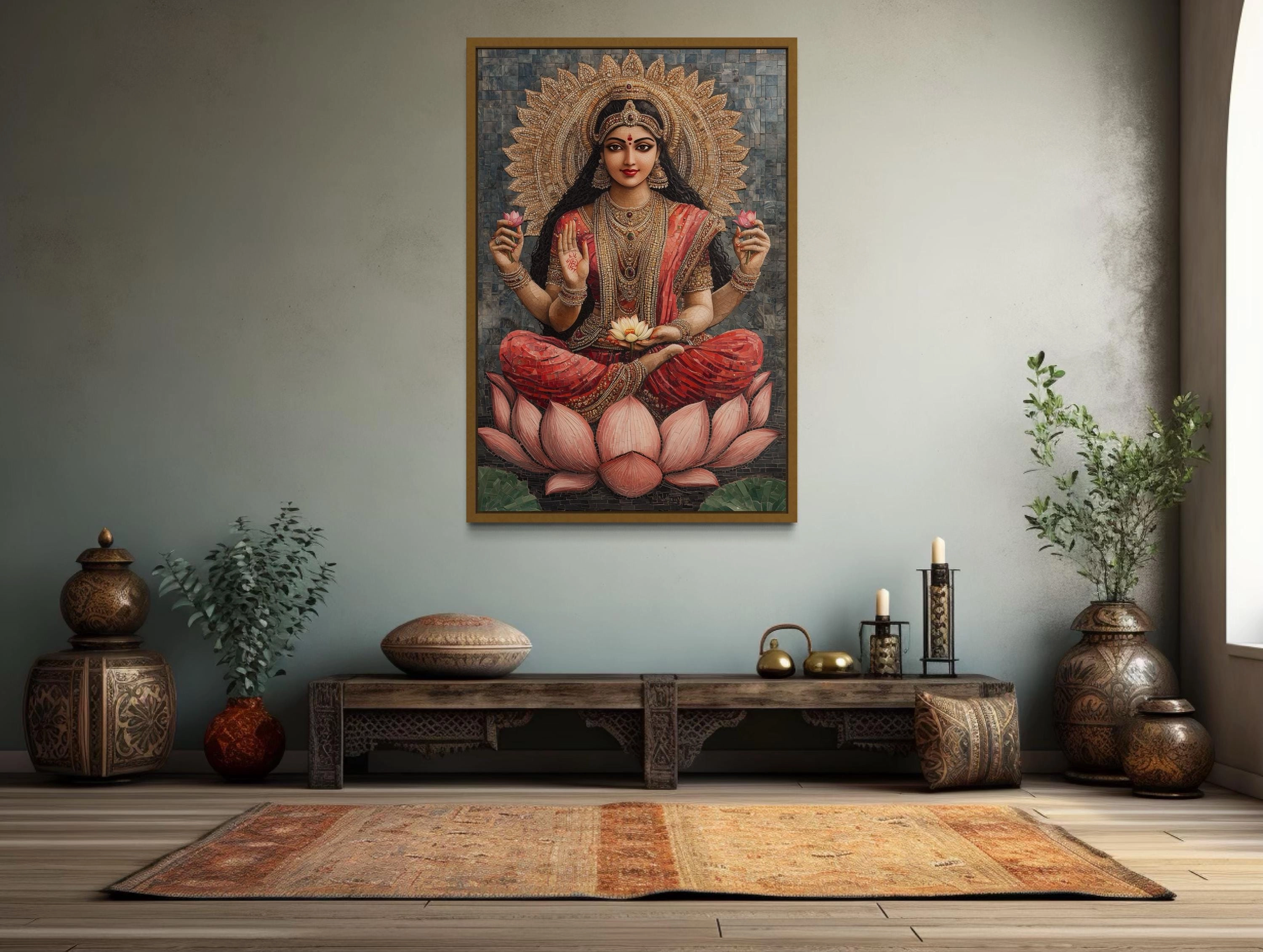 Goddess Lakshmi And Lotus Flower Mosaic Style Indian Wall Art