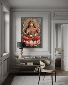 Goddess Lakshmi And Lotus Flower Mosaic Style Indian Wall Art
