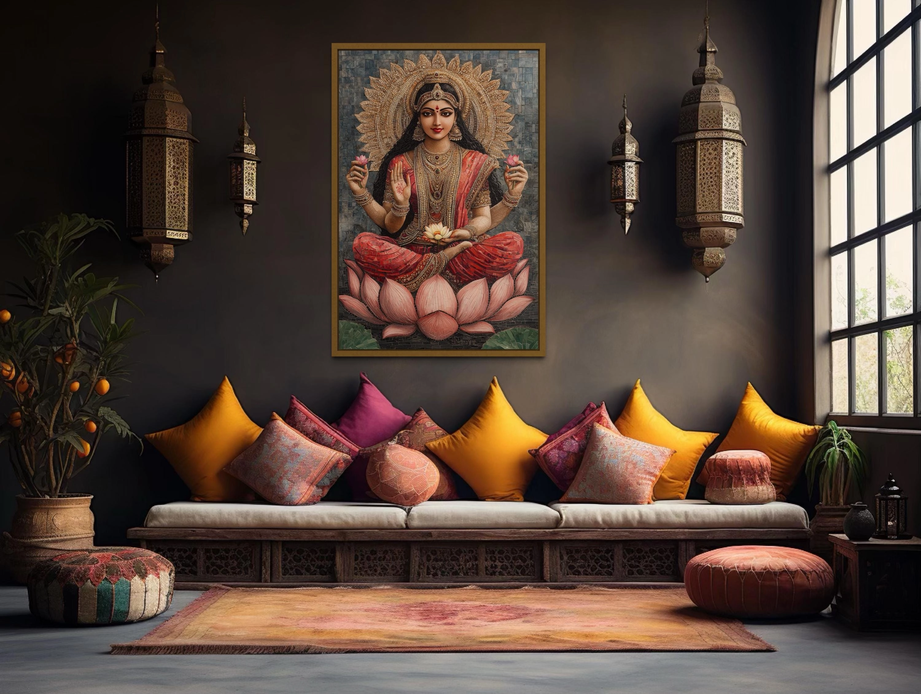 Goddess Lakshmi And Lotus Flower Mosaic Style Indian Wall Art