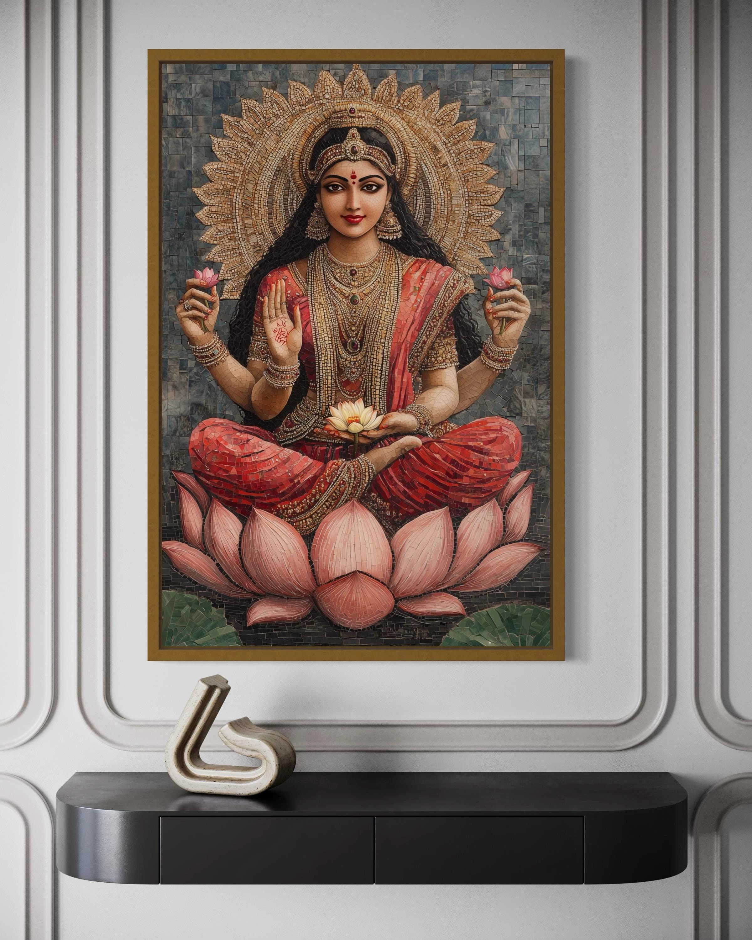 Goddess Lakshmi And Lotus Flower Mosaic Style Indian Wall Art