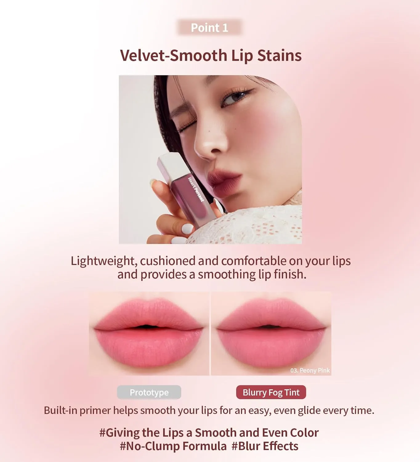 Heart Percent Dote On Mood Blurry Fog Tint, Velvety Matte Soft & Fuzzy Creamy Lightweight Vegan Lip Stains with Personal Color Analysis, #03. Peony Pink