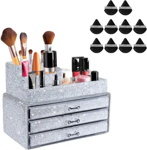 KEYPOWER Makeup Organizers Drawer Bling Diamond 2 Pieces Set White & 10 Pieces Soft Face Powder Puff Triangle Makeup Puff Black