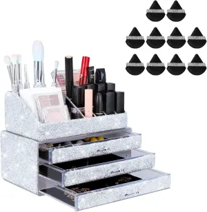 KEYPOWER Modern Makeup Organizers Drawer Bling Diamond 2 Pieces Set White & 10 Pieces Soft Face Powder Puff Triangle Makeup Puff Black