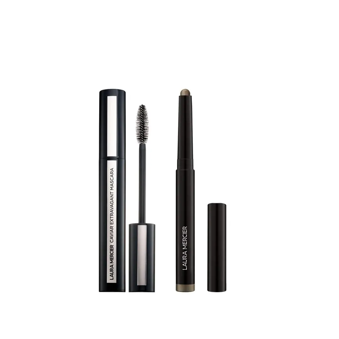 Laura Mercier Caviar Stick Cream Eyeshadow: Shimmer Finish, 24HR Wear, Long Lasting, Rich Color, Easily Blendable and Buildable, Waterproof, Aurora   Caviar Extravagant Mascara Bundle