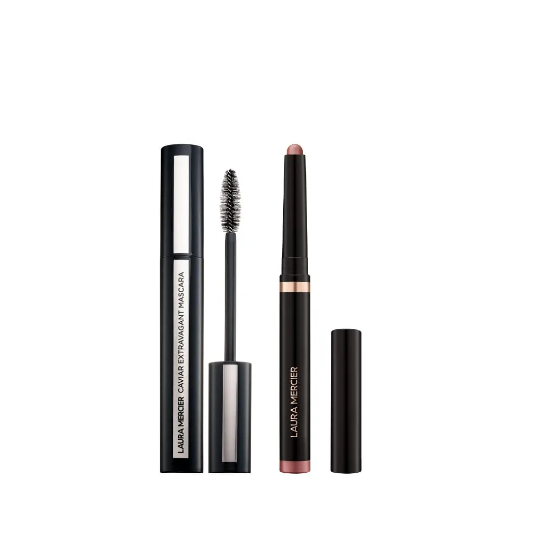 Laura Mercier Caviar Stick Cream Eyeshadow: Shimmer Finish, 24HR Wear, Long Lasting, Rich Color, Easily Blendable and Buildable, Waterproof, Strike a Rose   Caviar Extravagant Mascara Bundle