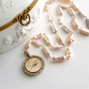 Lover’s Eye Locket Pink Blush Biwa Pearls - Georgiana Necklace