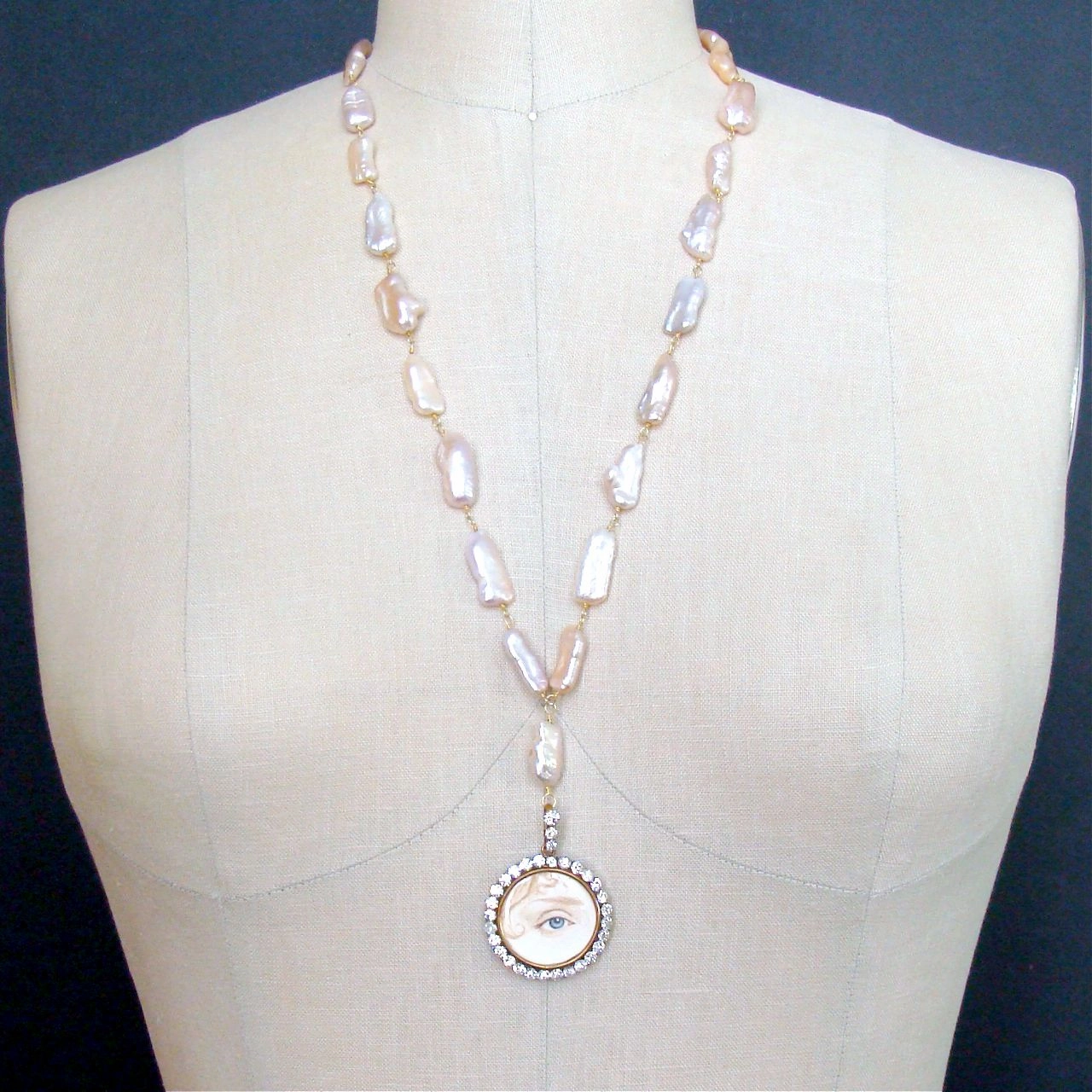 Lover’s Eye Locket Pink Blush Biwa Pearls - Georgiana Necklace