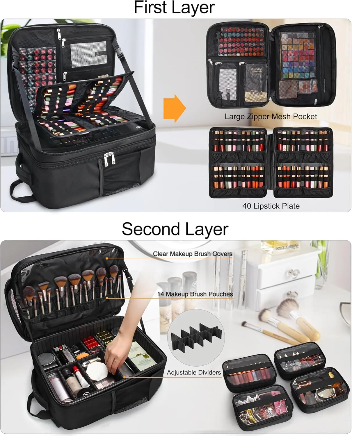 Makeup Backpack Makeup Artist Bag Professional Extra Large Cosmetic Bags Travel Train Case Storage Organizer Double-Layer Cosmetic Case with 4 Pouch and Brush Organizer (Black, two piece)