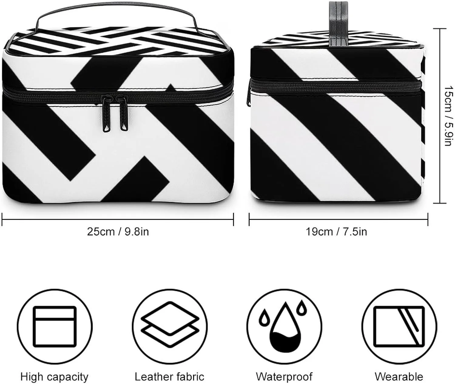 Makeup Bag, Geometric Stripe in Black and White Travel Cosmetic Bag Makeup Organizer Case Large Capacity Portable Zipper Toiletry Bag for Women