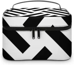 Makeup Bag, Geometric Stripe in Black and White Travel Cosmetic Bag Makeup Organizer Case Large Capacity Portable Zipper Toiletry Bag for Women