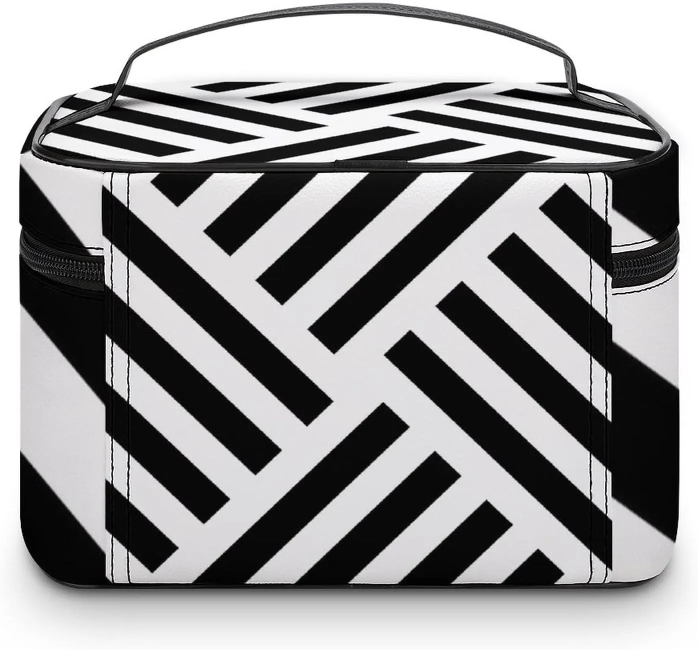 Makeup Bag, Geometric Stripe in Black and White Travel Cosmetic Bag Makeup Organizer Case Large Capacity Portable Zipper Toiletry Bag for Women