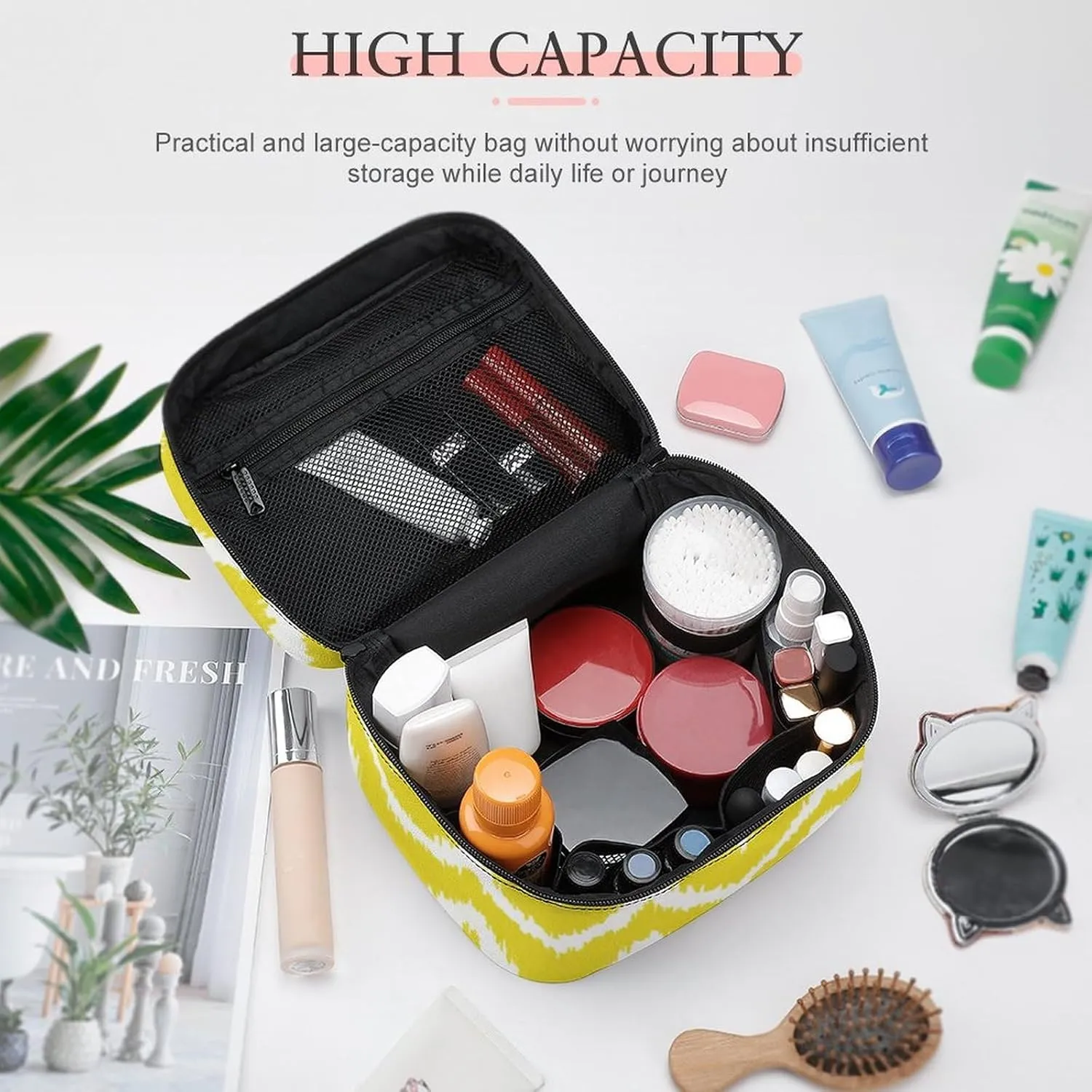 Makeup Bag, Modern Chevrons Mustard Yellow and White Travel Cosmetic Bag Makeup Organizer Case Large Capacity Portable Zipper Toiletry Bag for Women