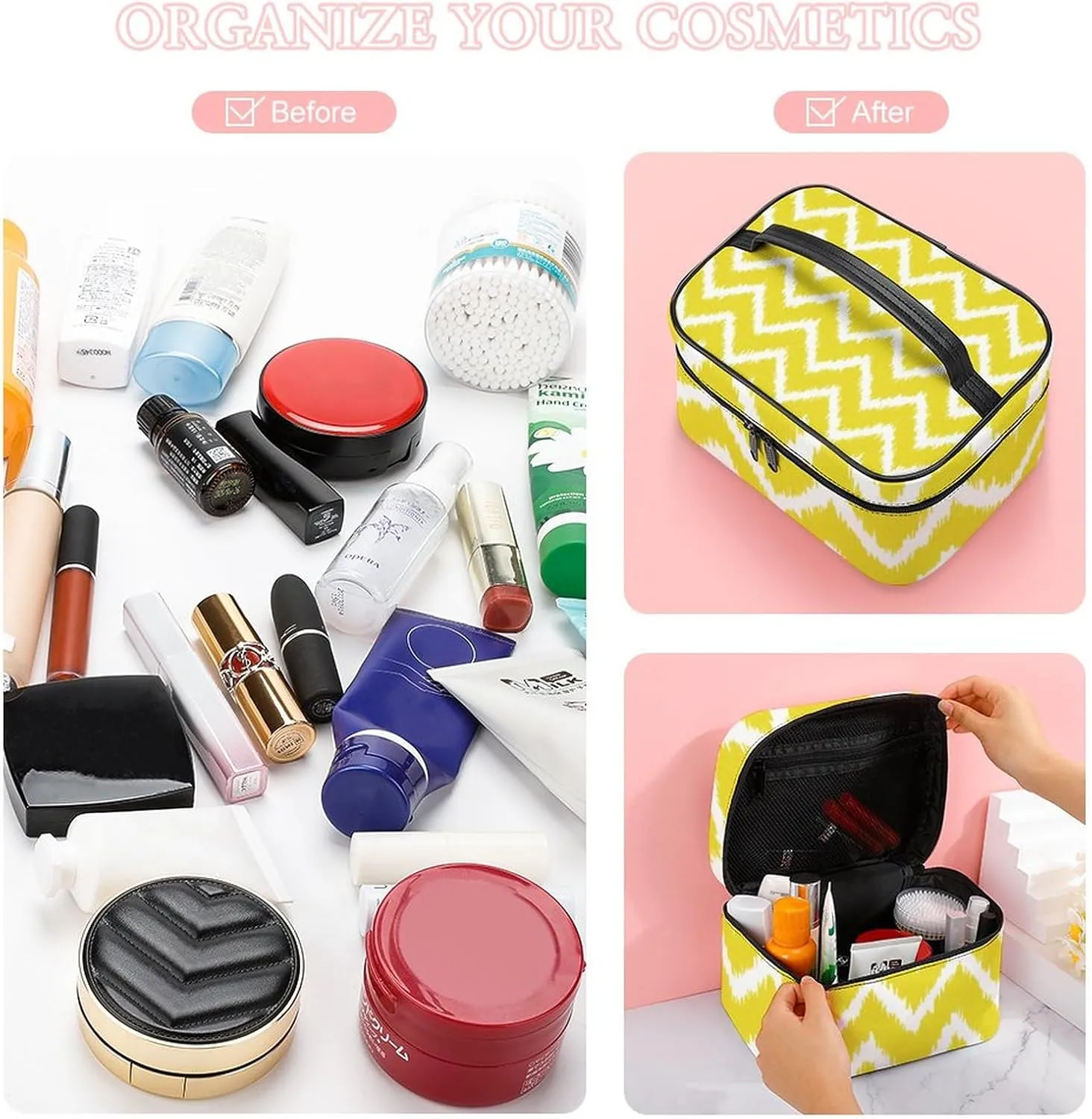 Makeup Bag, Modern Chevrons Mustard Yellow and White Travel Cosmetic Bag Makeup Organizer Case Large Capacity Portable Zipper Toiletry Bag for Women