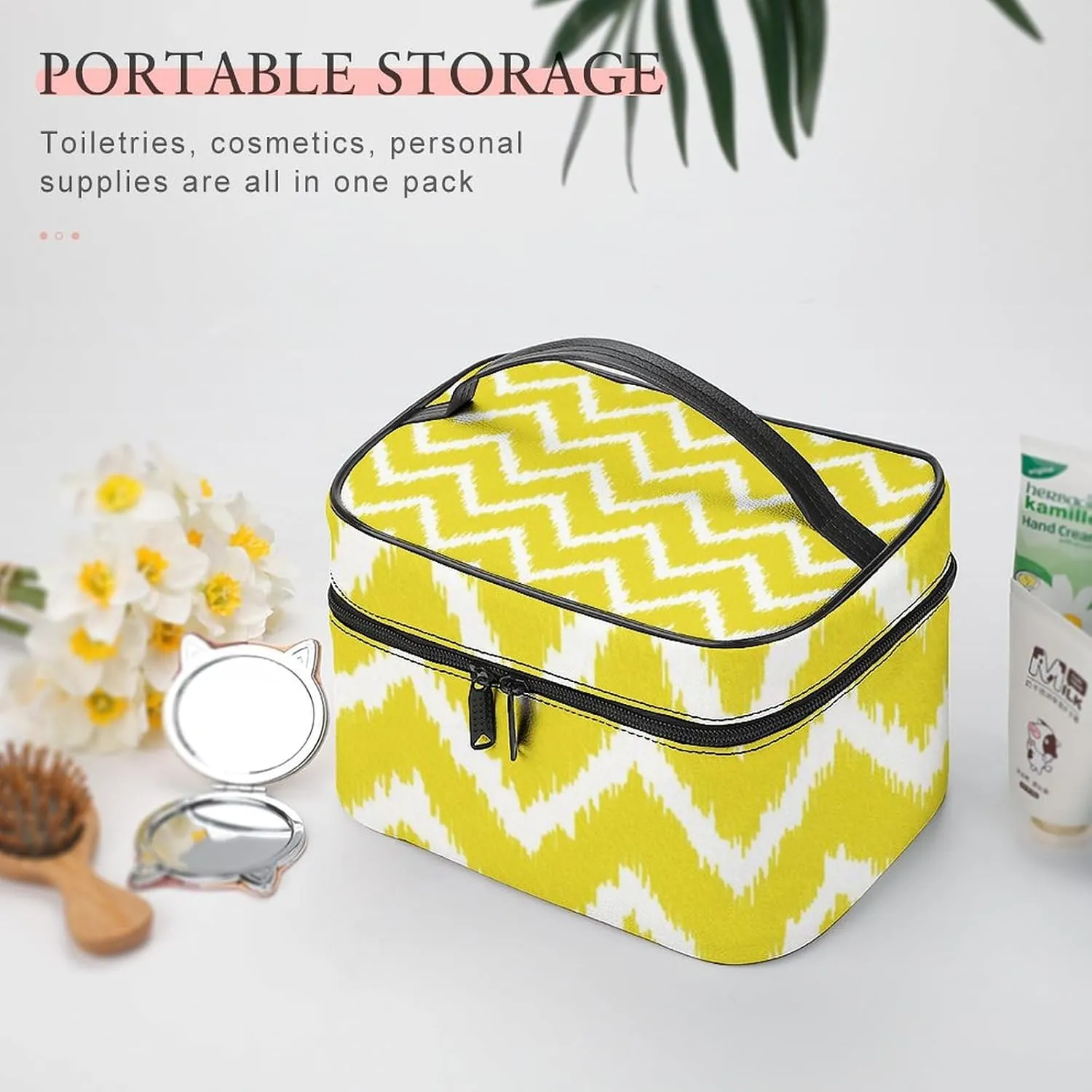 Makeup Bag, Modern Chevrons Mustard Yellow and White Travel Cosmetic Bag Makeup Organizer Case Large Capacity Portable Zipper Toiletry Bag for Women