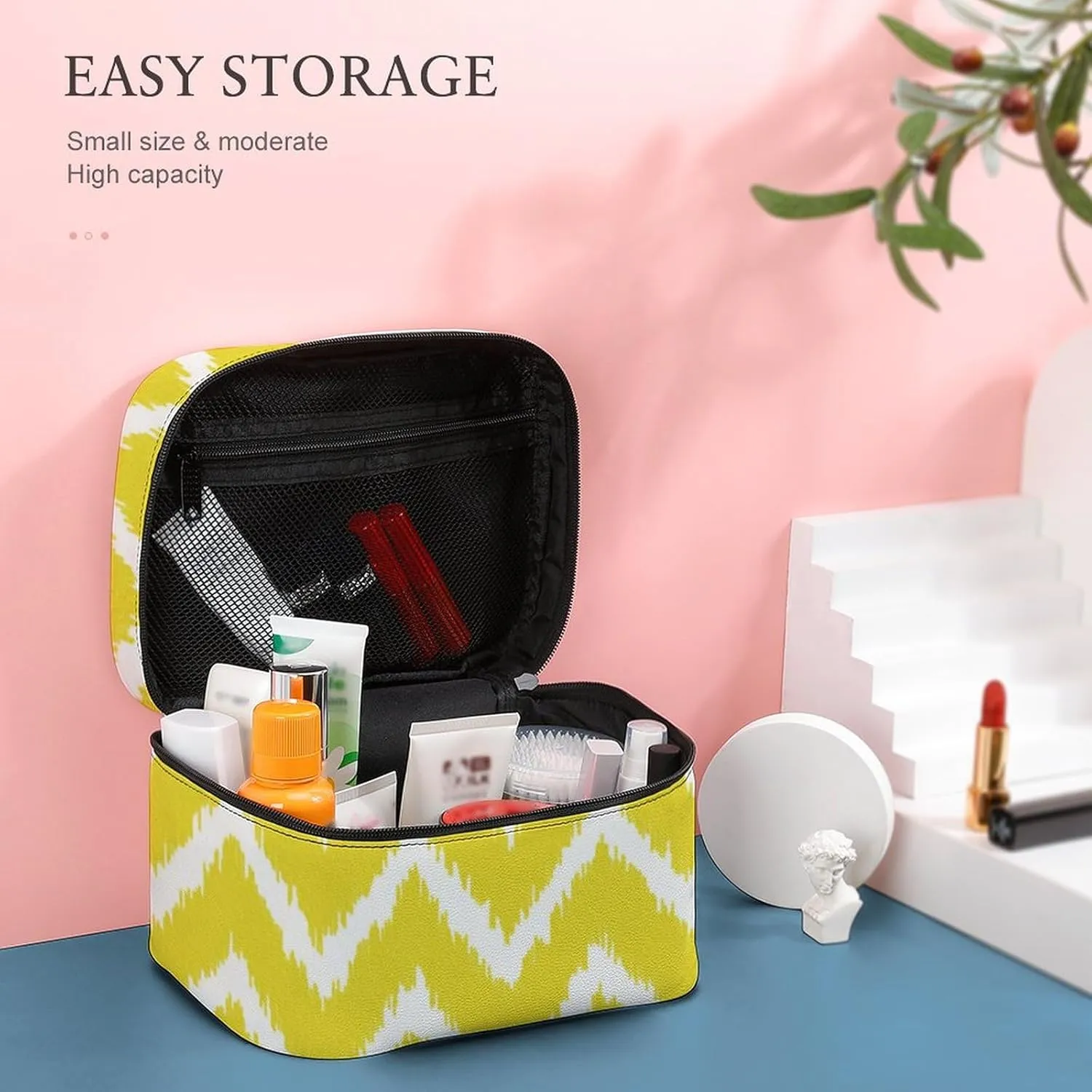 Makeup Bag, Modern Chevrons Mustard Yellow and White Travel Cosmetic Bag Makeup Organizer Case Large Capacity Portable Zipper Toiletry Bag for Women