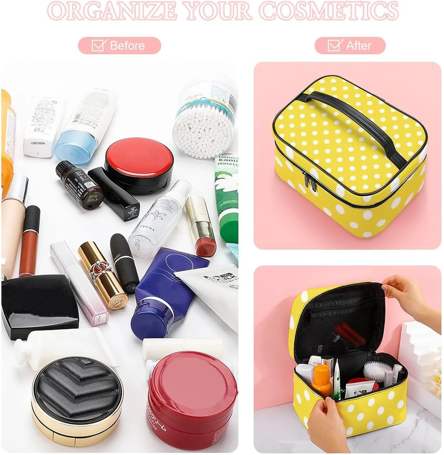 Makeup Bag, Mustard Yellow Polka Dot Travel Cosmetic Bag Makeup Organizer Case Large Capacity Portable Zipper Toiletry Bag for Women