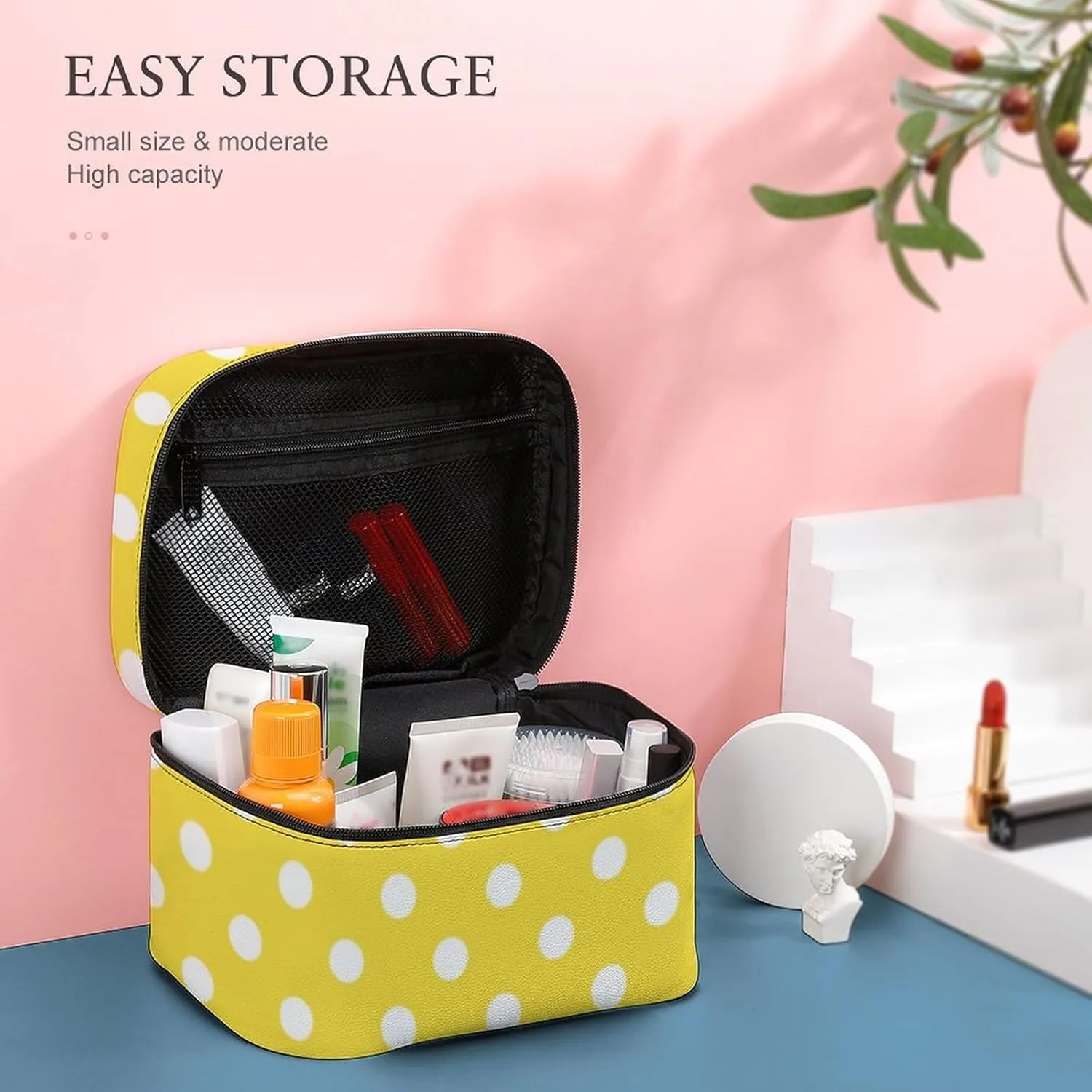 Makeup Bag, Mustard Yellow Polka Dot Travel Cosmetic Bag Makeup Organizer Case Large Capacity Portable Zipper Toiletry Bag for Women