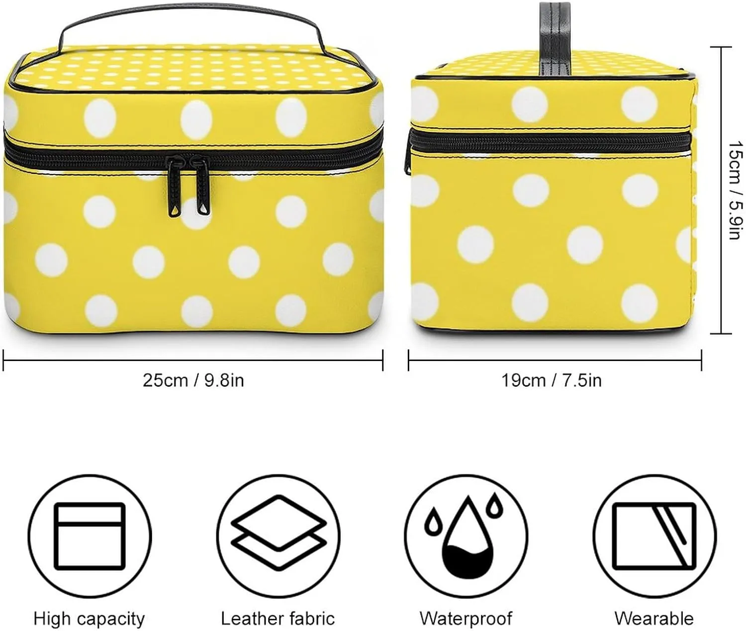 Makeup Bag, Mustard Yellow Polka Dot Travel Cosmetic Bag Makeup Organizer Case Large Capacity Portable Zipper Toiletry Bag for Women