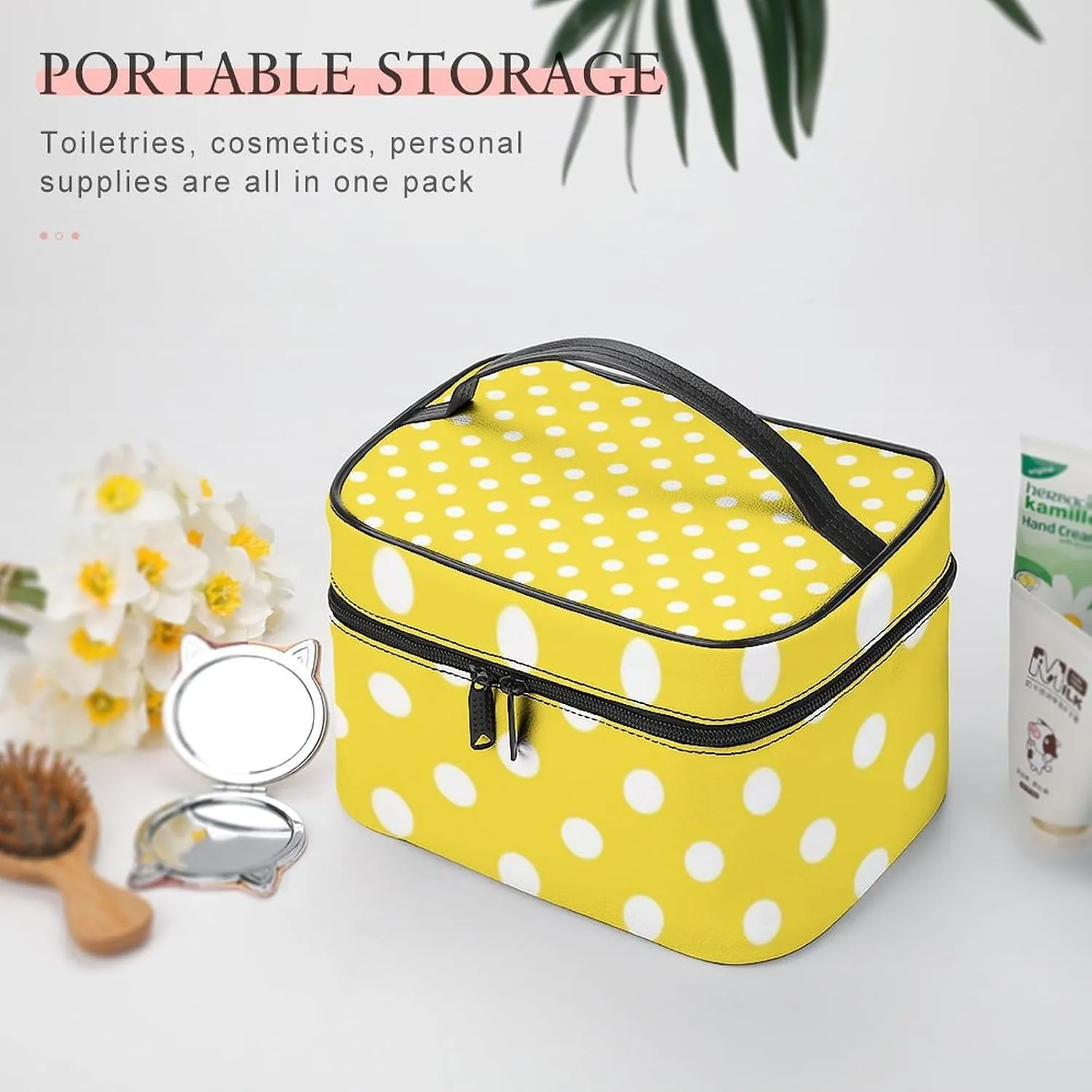 Makeup Bag, Mustard Yellow Polka Dot Travel Cosmetic Bag Makeup Organizer Case Large Capacity Portable Zipper Toiletry Bag for Women