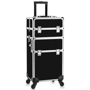 Makeup Train Case - 2 In 1 Aluminum Professional Rolling Cosmetics Storage Organizer With Locks and Folding Trays Black