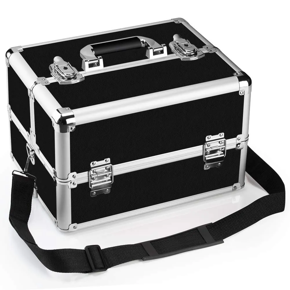 Makeup Train Case - 2 In 1 Aluminum Professional Rolling Cosmetics Storage Organizer With Locks and Folding Trays Black