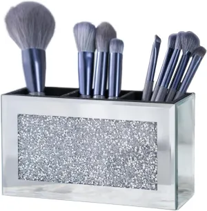 Mirrored Makeup Brush Holder Organizer for vanity, 3 Slot Glass Cosmetics Brushes Storage Holders with Crystal Crushed Diamond, Cute Pen and Pencil Holder for Desk, Eyeliners Display Case for Vanity
