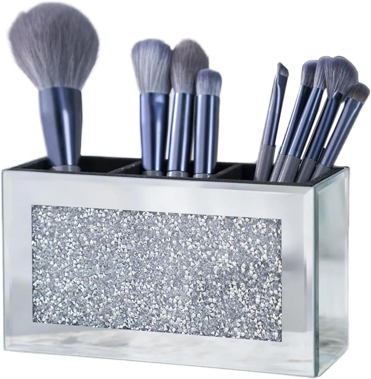 Mirrored Makeup Brush Holder Organizer for vanity, 3 Slot Glass Cosmetics Brushes Storage Holders with Crystal Crushed Diamond, Cute Pen and Pencil Holder for Desk, Eyeliners Display Case for Vanity