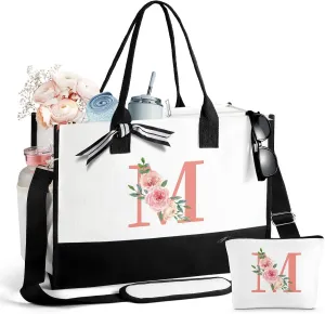 Mothers Day Gifts for Women Birthday Gifts for Women Large Initial Canvas Tote Bag Makeup Bag Beach Travel Shopping