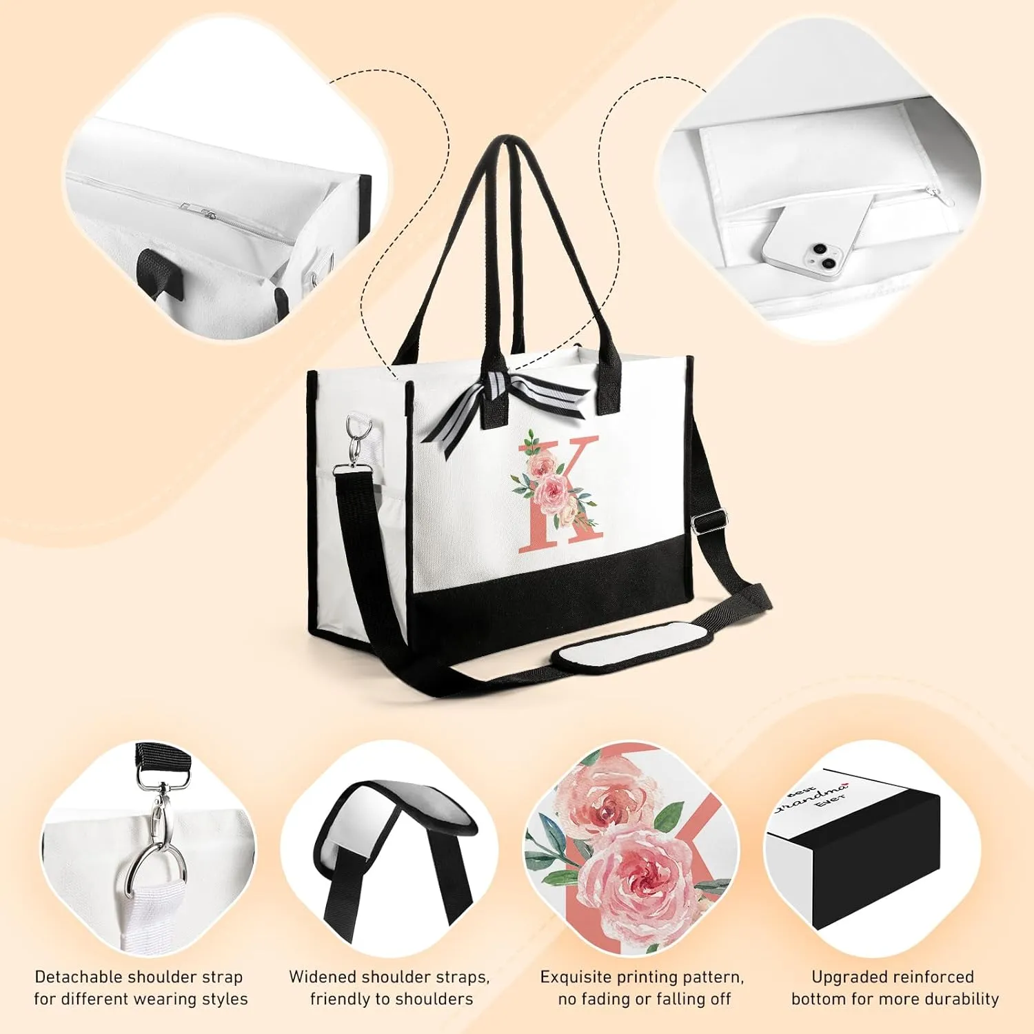 Mothers Day Gifts for Women Birthday Gifts for Women Large Initial Canvas Tote Bag Makeup Bag Beach Travel Shopping