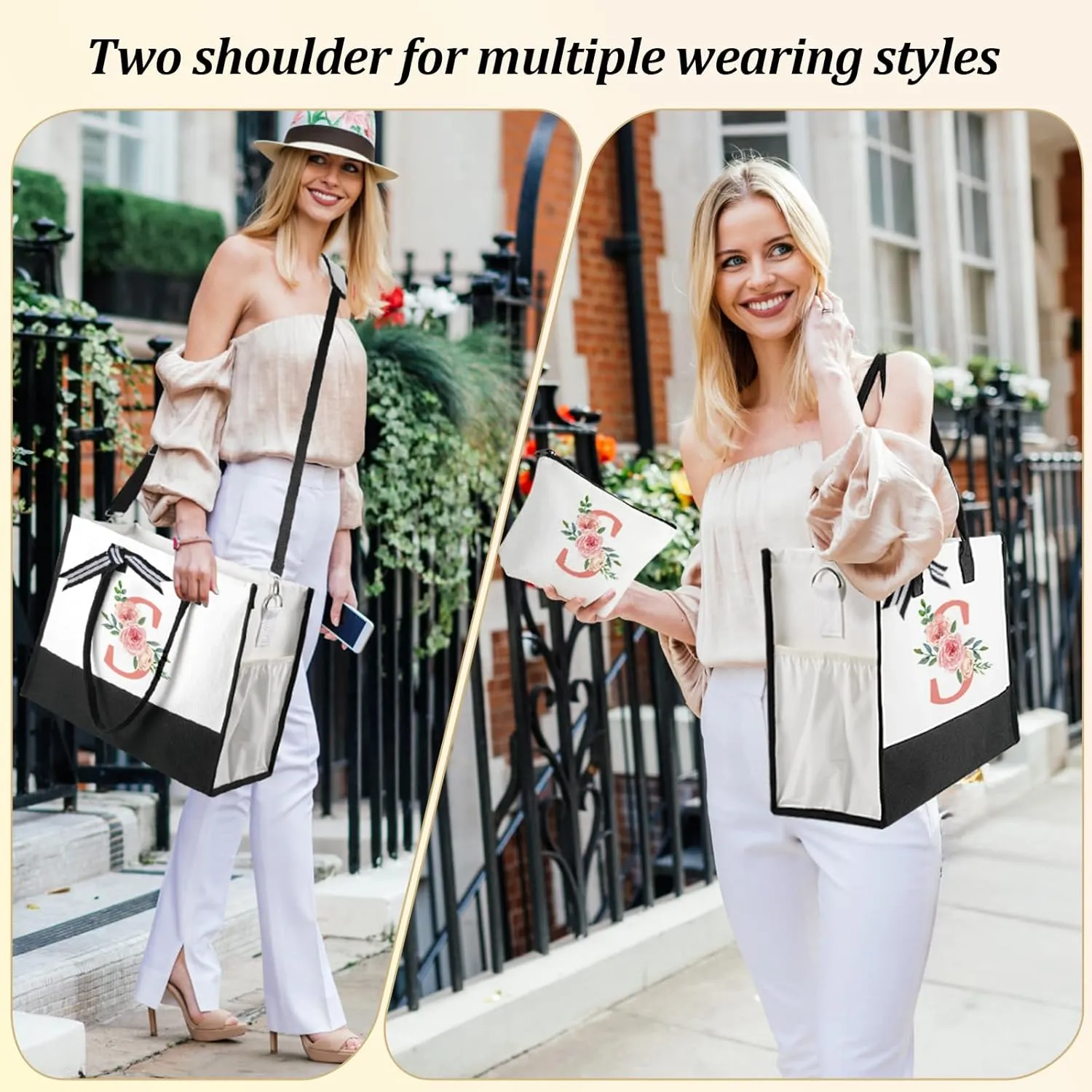 Mothers Day Gifts for Women Birthday Gifts for Women Large Initial Canvas Tote Bag Makeup Bag Beach Travel Shopping