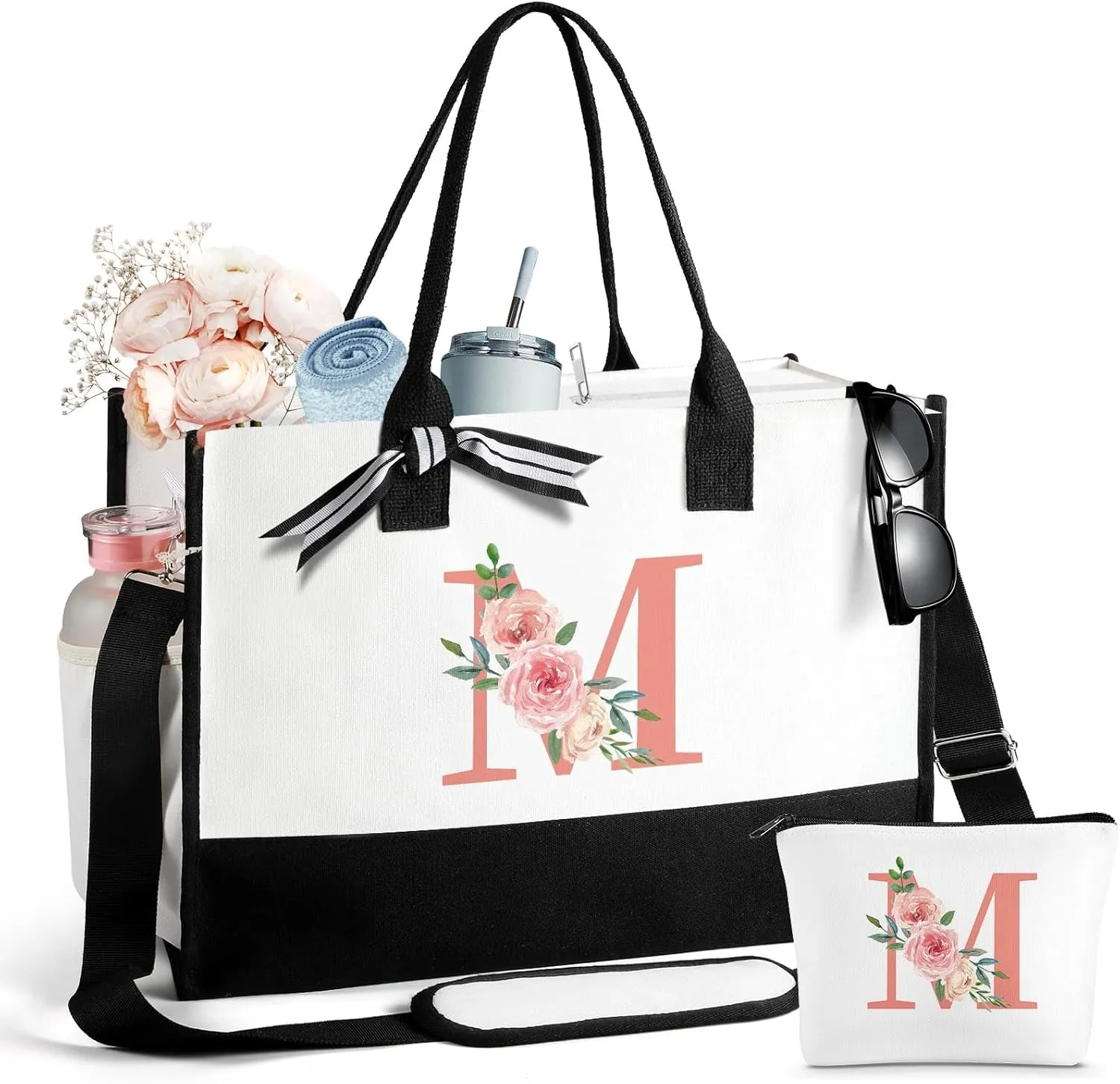 Mothers Day Gifts for Women Birthday Gifts for Women Large Initial Canvas Tote Bag Makeup Bag Beach Travel Shopping