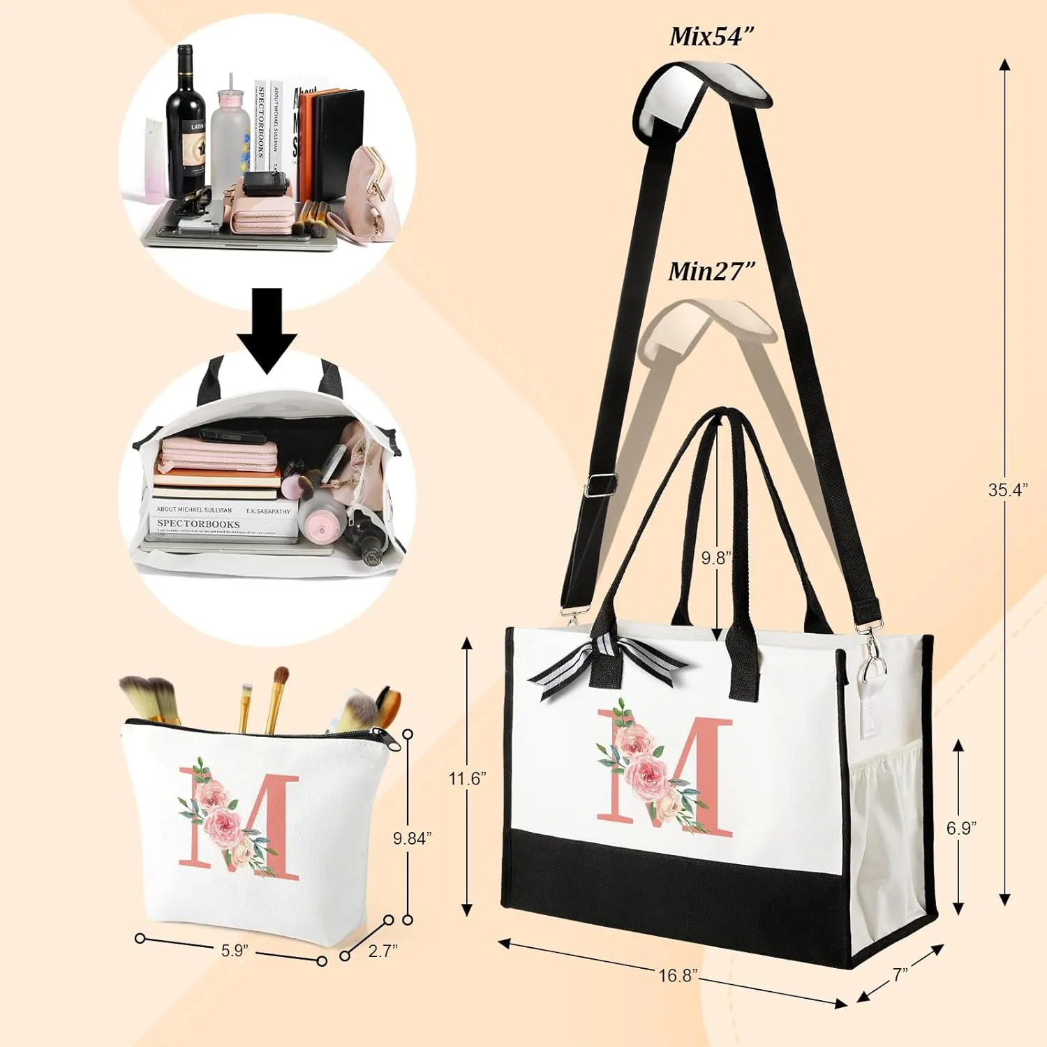 Mothers Day Gifts for Women Birthday Gifts for Women Large Initial Canvas Tote Bag Makeup Bag Beach Travel Shopping